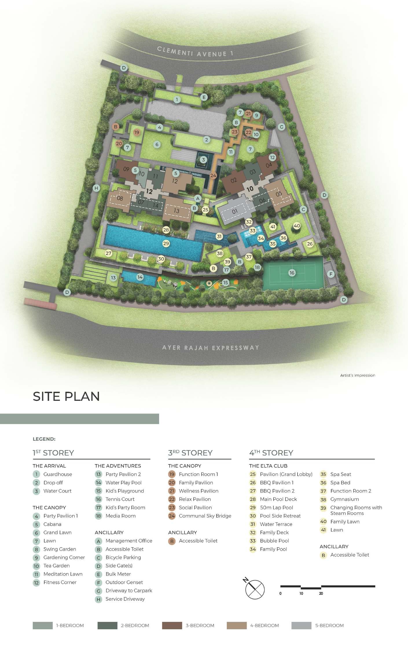 ELTA site plan with two residential towers, swimming pools, landscaped decks and family facilities
