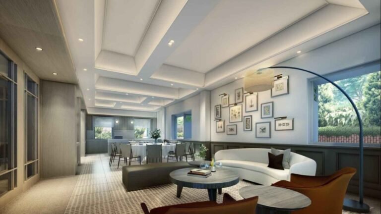 Stylish and modern lounge area at The Continuum condominium featuring contemporary decor, soft lighting, and spacious seating designed for comfort and community gatherings