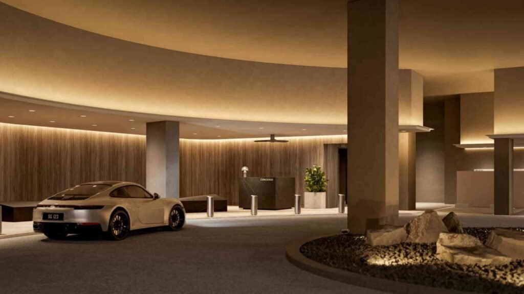 Premium arrival lobby at Faber Residence featuring concierge service and luxury car drop-off, showcasing upscale resort-style living in District 5.