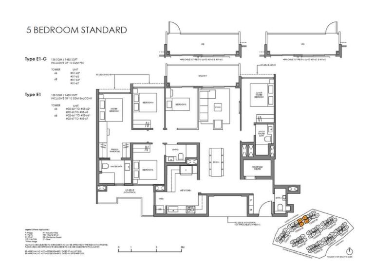 Floor plan of the 5 Bedroom Standard unit at Faber Residence, showing Type E1-G and Type E1 layout with spacious living, dining, balcony, master suite, junior master, and five bedrooms.