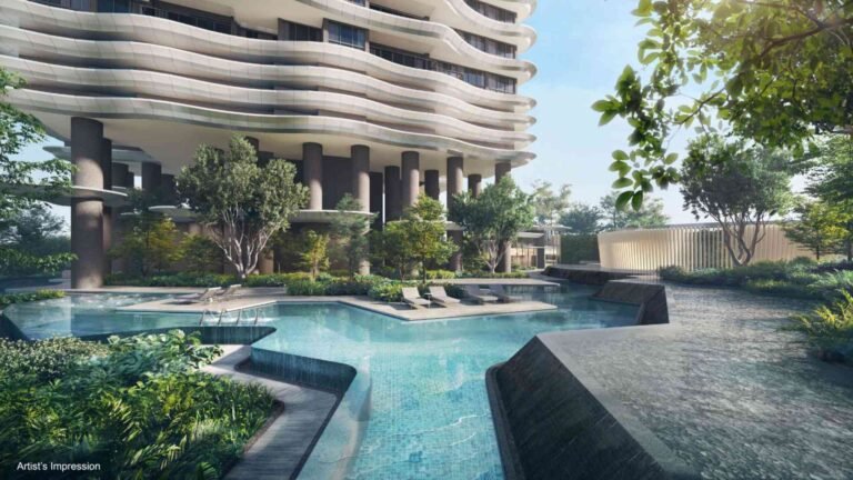 Artist’s impression of Zyon Grand’s resort-style swimming pool surrounded by greenery, elevated platforms and curved architectural columns.