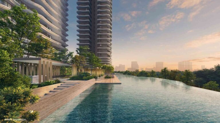Artist’s impression of Zyon Grand’s long infinity pool overlooking greenery at sunset, with architectural towers rising above landscaped walkways.