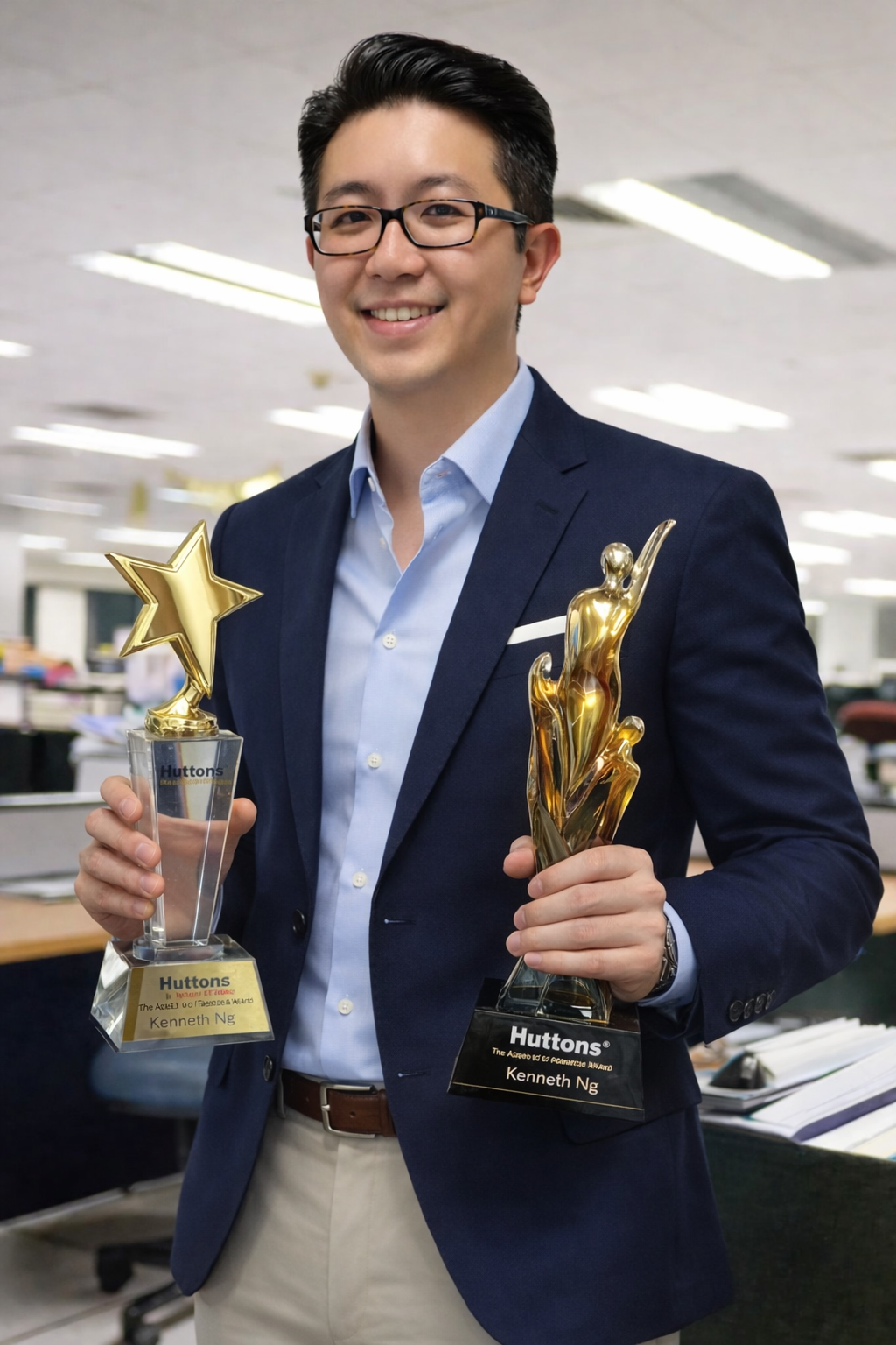 Kenneth Ng holding two Huttons awards in an office environment