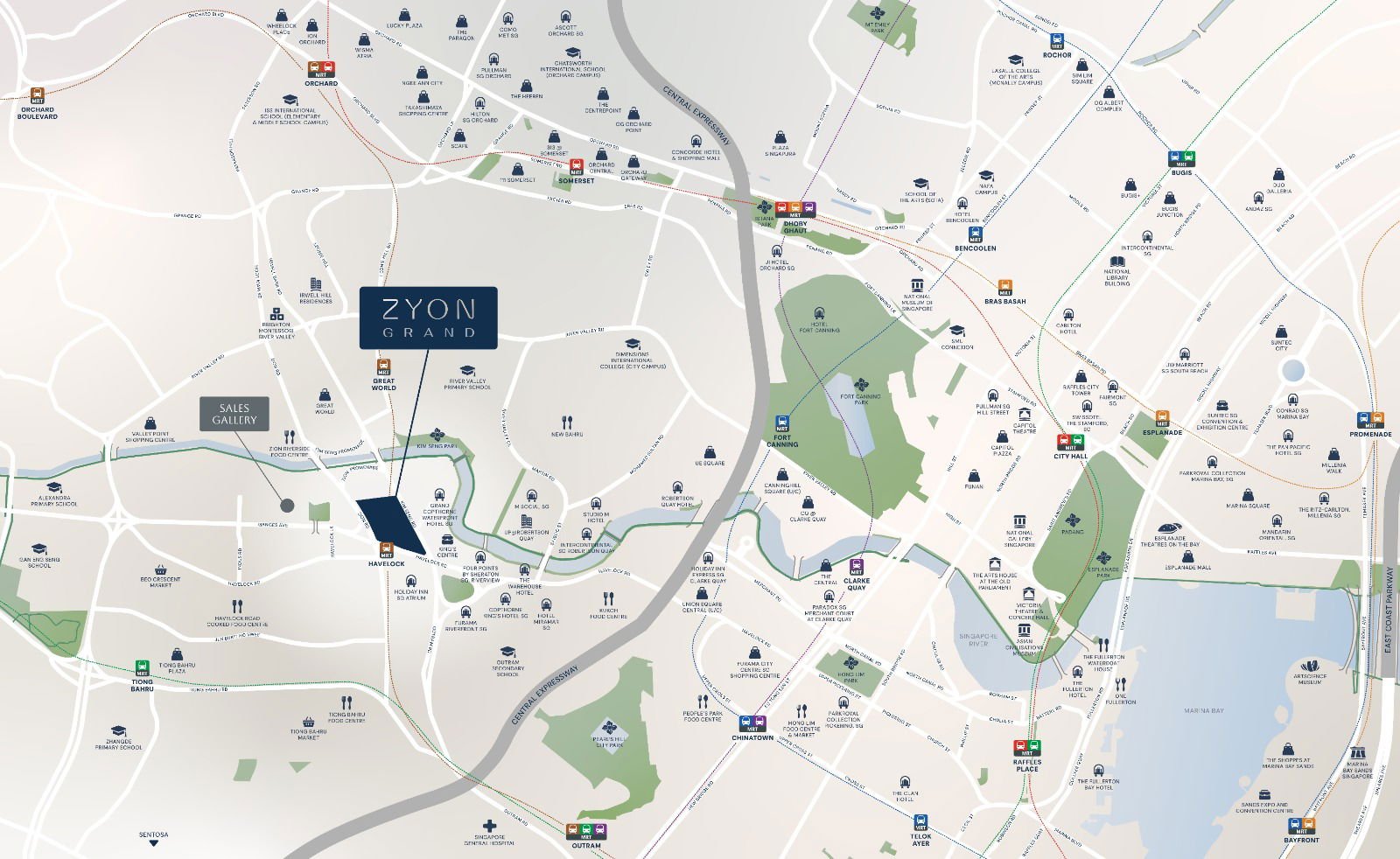 Zyon Grand location map showing connectivity to Orchard, Great World, Havelock MRT and the CBD